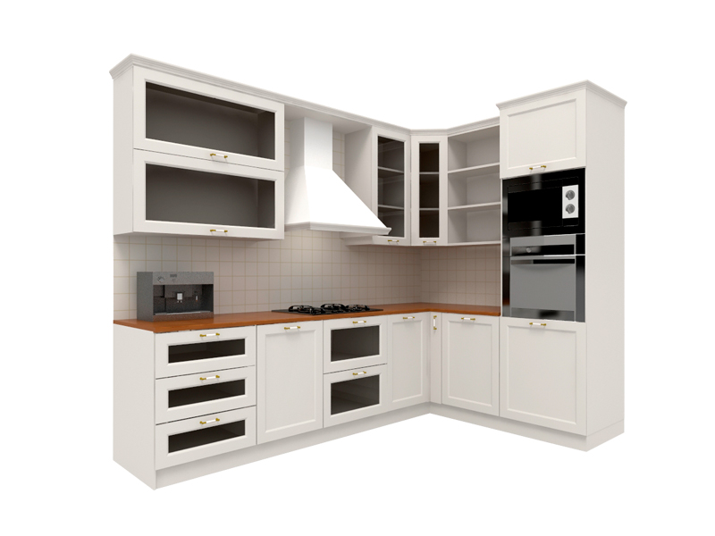Угловой кухонный гарнитур со встроенной вытяжкой исполнен по индивидуальному заказу для квартиры средних размеров. Артикул: KTC-0013