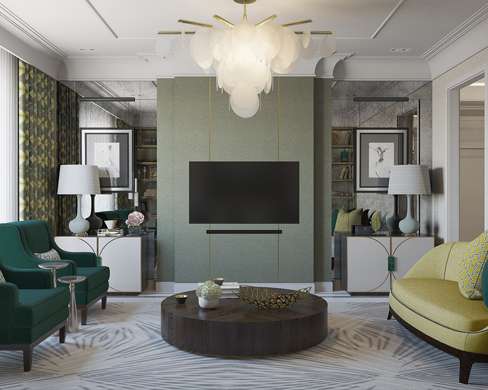 Интерьер гостиной с мягкой мебелью в квартире в ЖК «Привелегия» в Санкт-Петербурге